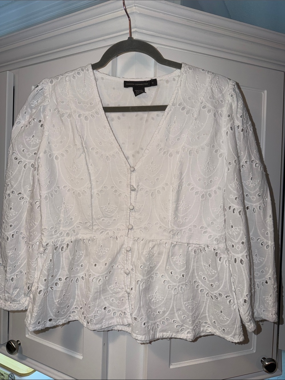 French Connection White Eyelet Peplum Button-Front Top - 100% Cotton